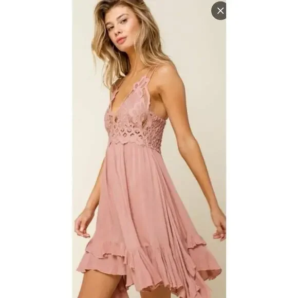 Free People Adella Lace Slip Mini Dress Size XS Pink Mauve - Picture 1 of 8